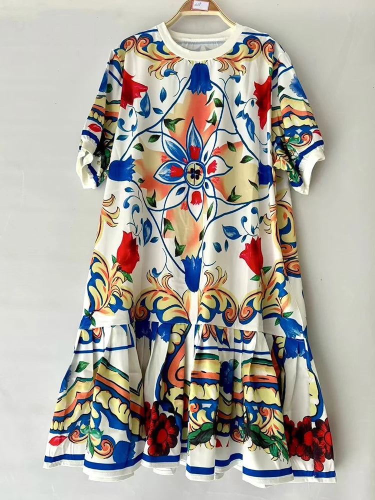 Elegant temperament geometric printing short-sleeved loose dress 2025 summer women's new stitching hem casual straight skirt