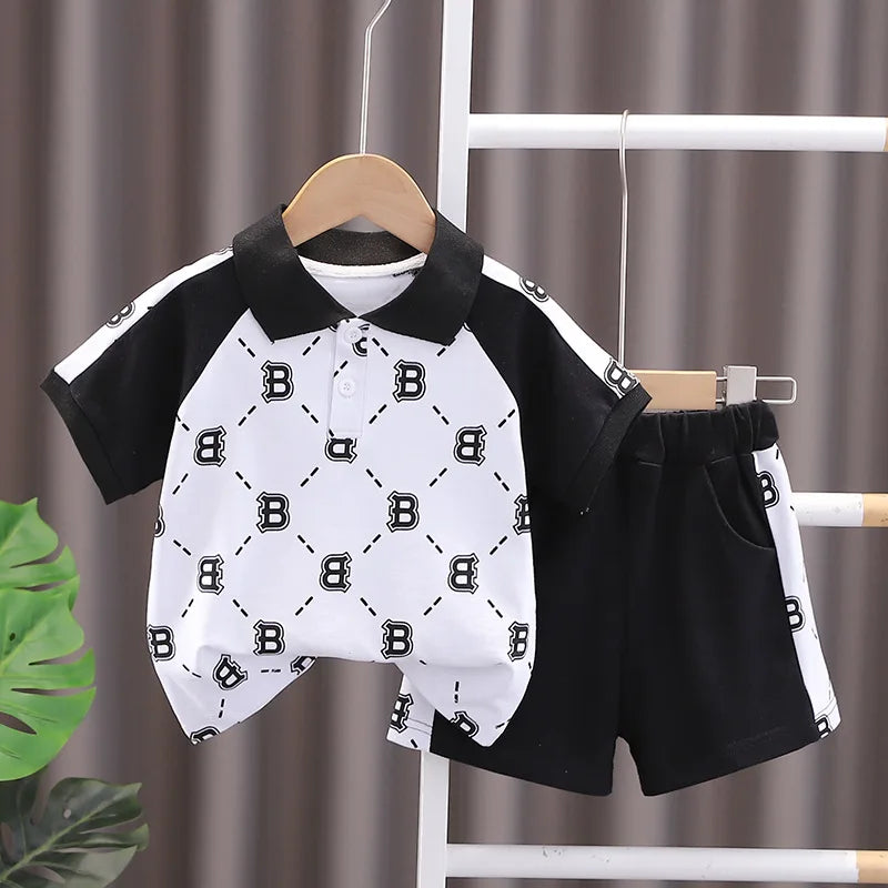 Baby Boy Summer Simple Clothes Set Children's Fashion Letter Print  Polo Shirt + Denim Shorts 2-Piece Suits 0-5 Year Old