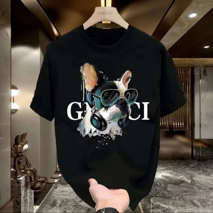 Pure Cotton Heavy-print Short-sleeved T-shirt Instagram Summer Casual Loose and Versatile Round-neck Large-sized Top for Men