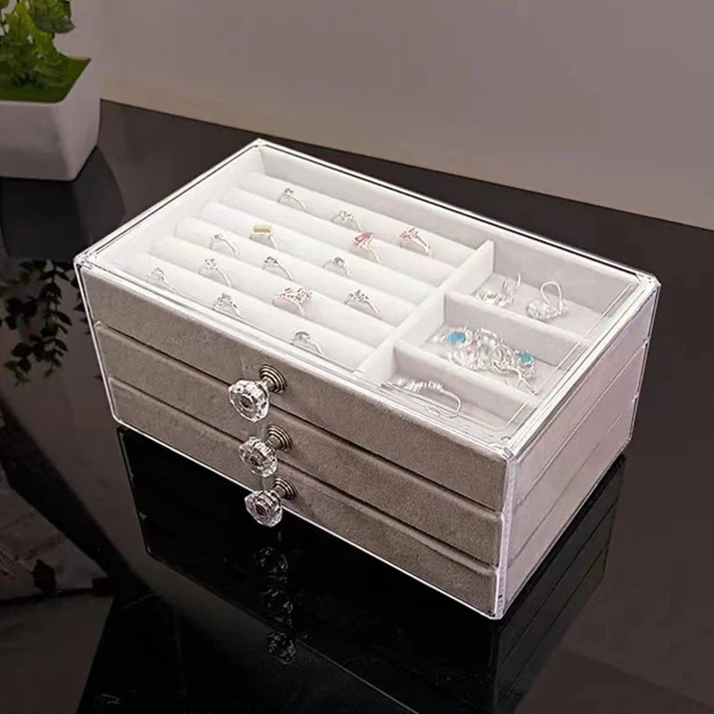High-capacity Transparent Three-layer Flannel Jewelry Box Drawer Jewelry Box Earring Necklace Ring Dustproof Display Storage Box