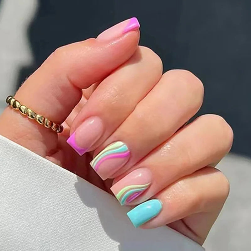 24pcs Simple Nails Fake Press On Art Reusable Adhesive False Supplies Charms Products Stylist Decorated False Nails Design