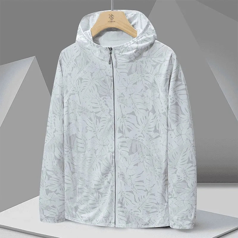 2025 New Male Leaves Hooded Sunscreen Outdoor Summer UV Skin Coat Jacket Solid Color Ice Silk Quick Dry Sunscreen UV Protection