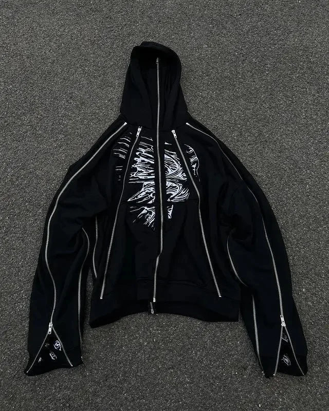 American New Street Trendy High Craft Dark Harajuku Y2K Multi Zipper Hat Loose Men's and Women's Hoodies