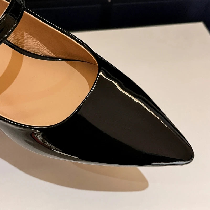 Short Heels Mary Janes Shoes Women Pumps Genuine Leather Point Toe Black Nude Red Heeled Office Wedding Shoes Female Large Size