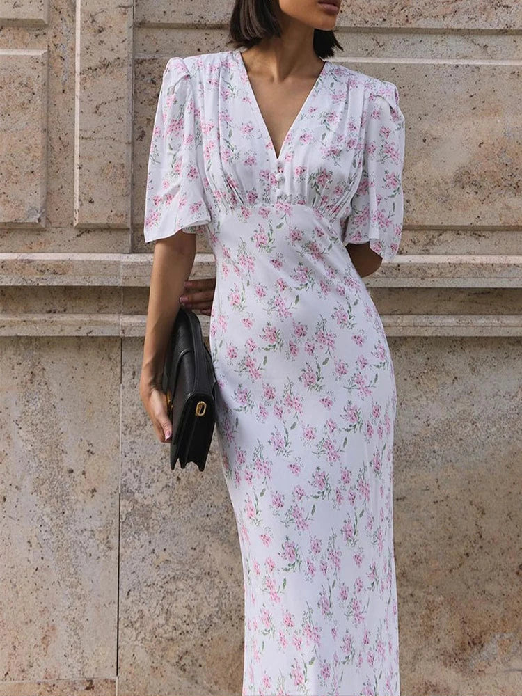 Summer Floral Print V Neck Maxi Dress Women's Elegant Short Sleeve High Waist Slim Casual Long Dress Temperament Female Vestidos
