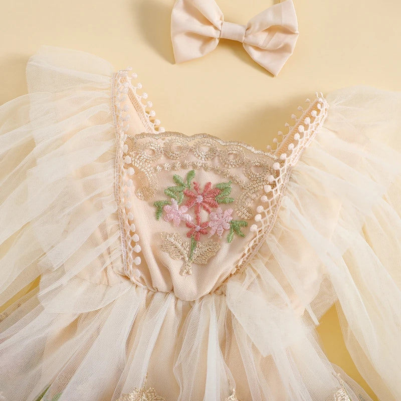 ma&baby 0-24M Baby Girl Romper Newborn Infant Tulle Jumpsuit Princess Long Sleeve Floral Embroidery Clotehs Headband Outfits