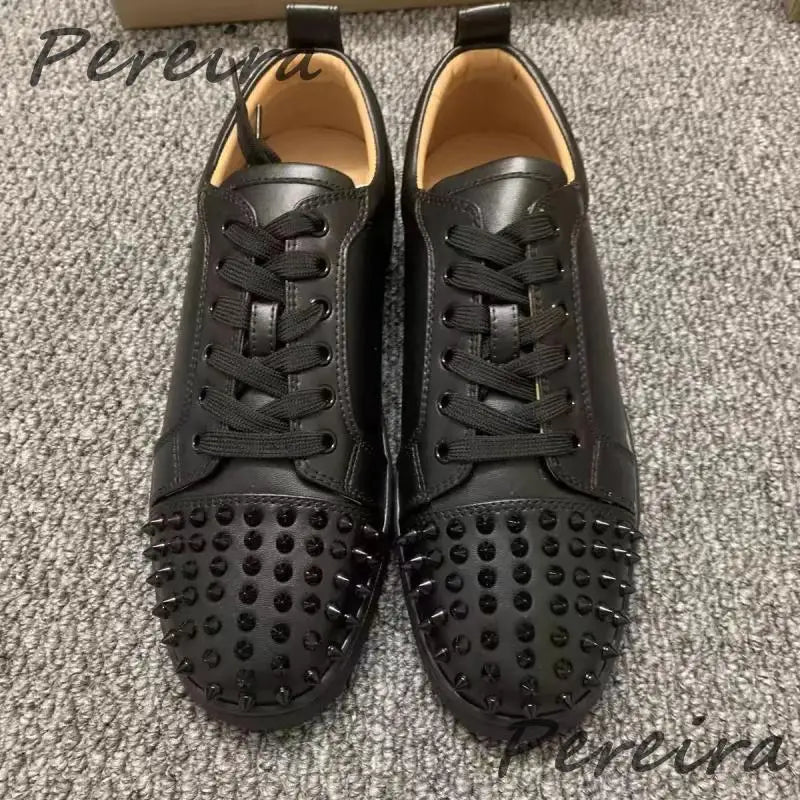 Rivets Genuine Leather Men's Sneakers Classic Black White Round Toe Lace-Up Flats Sports Shoes Outdoor Walking Male Casual Shoes
