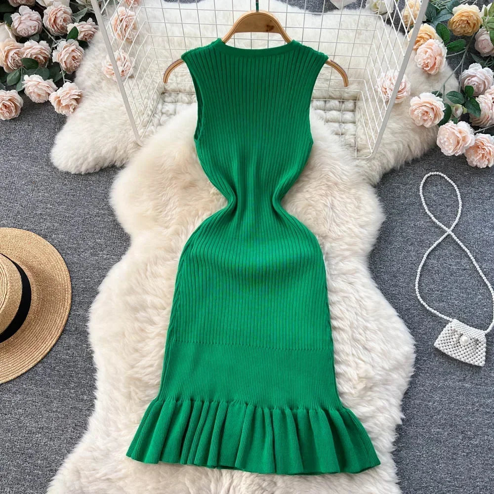 Abrini Summer Women Knitted Sexy Bodycon Dress O-Neck Sleeveless Ruffled Party Sundress High Street Elastic Slim Solid Dress