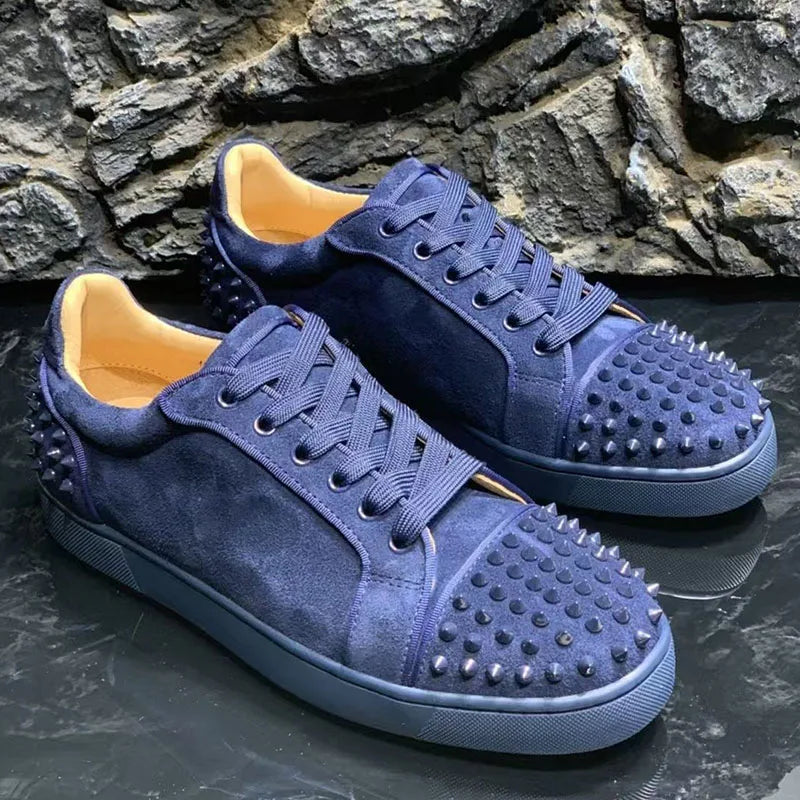 men casual blue rivets shoes lace-up cow suede leather flats shoe hip hop stage spikes studded sneakers platform footwear trendy