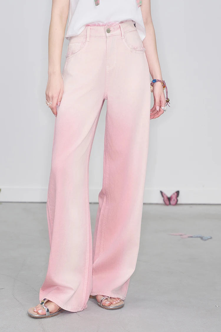 ELFSACK 2025 Spring New Arrivals Y2K Raw Edge High Waist Pink Gradient Jeans Women Sweet Wide Leg Pants