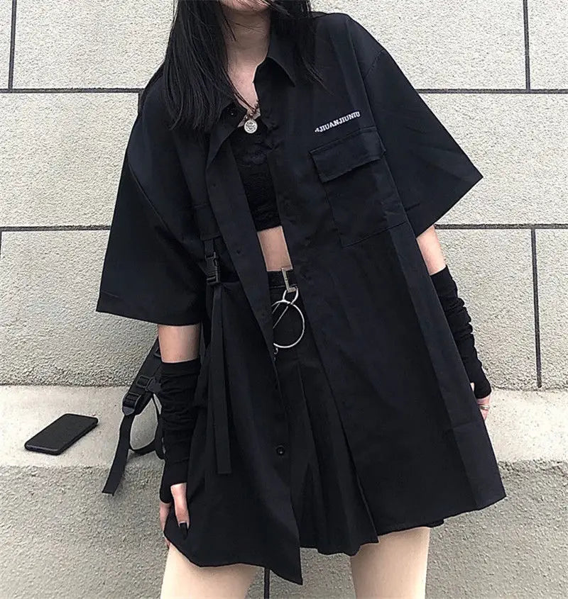 Gothic Skirt Set Loose Shirt Pleated Mini Skirts 2 Piece Sets Korean Retro Casual Outfits Women Spring Summer Aesthetic Y2k Suit