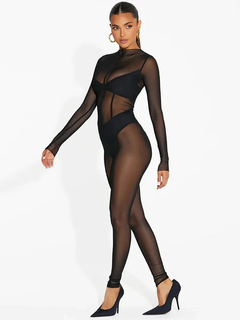 Dulzura Solid Mesh Long Sleeve O-Neck Jumpsuit See Through 2023 Summer For Women Sexy Y2K Birthday Evening Clubwear Sheath