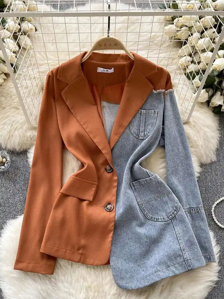 XFPV Women Jacket Lapel Long Sleeve Irregular Patchwork Denim Single Breasted Plaid Blazer Coat Autumn Winter 2025 SM9518