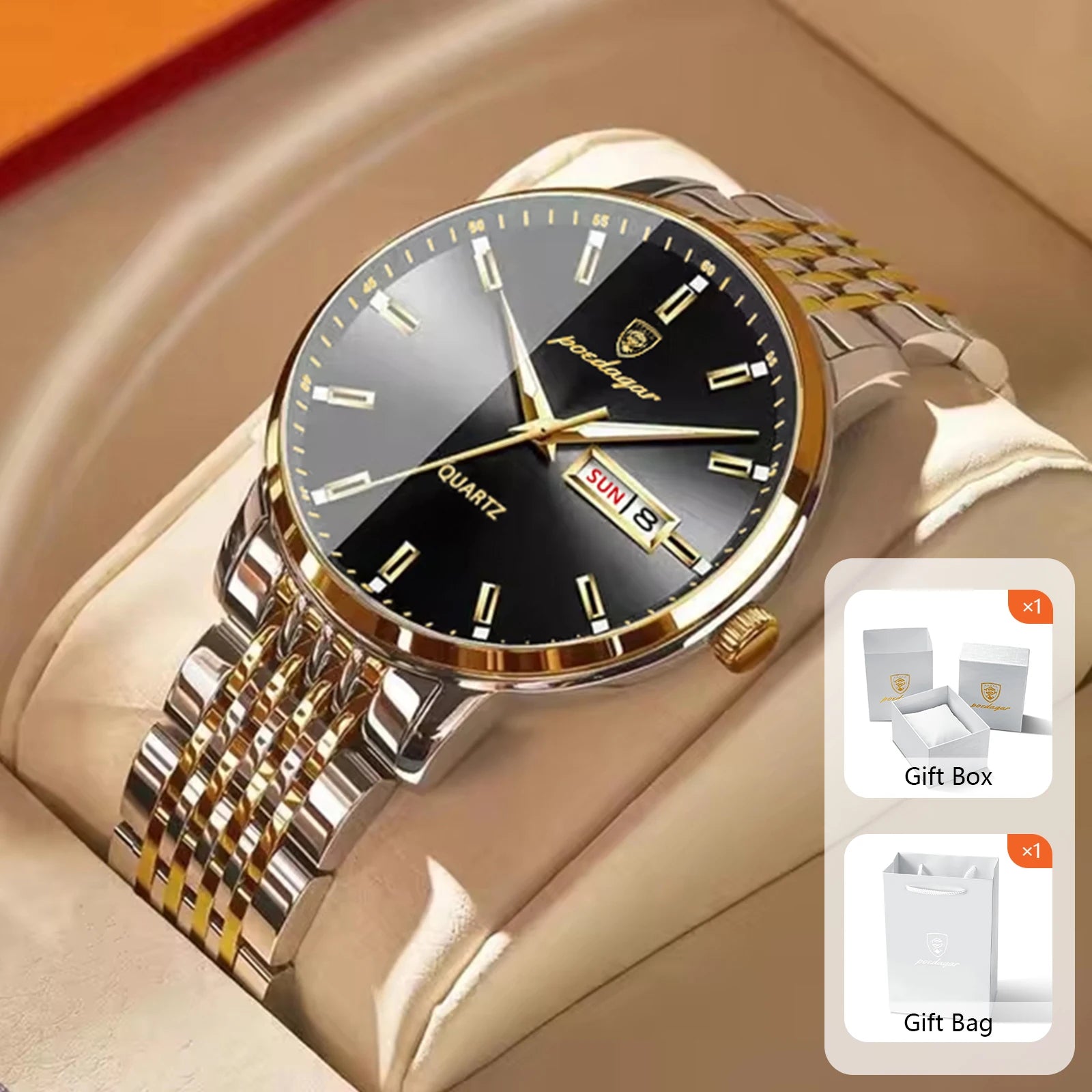POEDAGAR Business Men's Watches Stainless Steel Date Men Watch Waterproof Luminous Fashion Casual Quartz Man Wristwatch+Gift Box