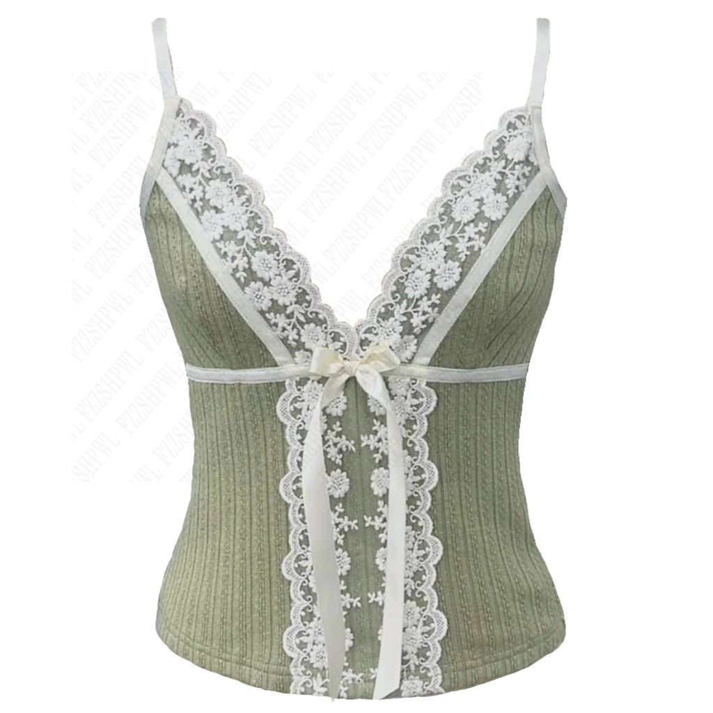 Fashion Y2k Vintage Summertime Fairy Loose V-neck vest Lace Kawaii style print Emo girl street wear tank tops trash crop tops