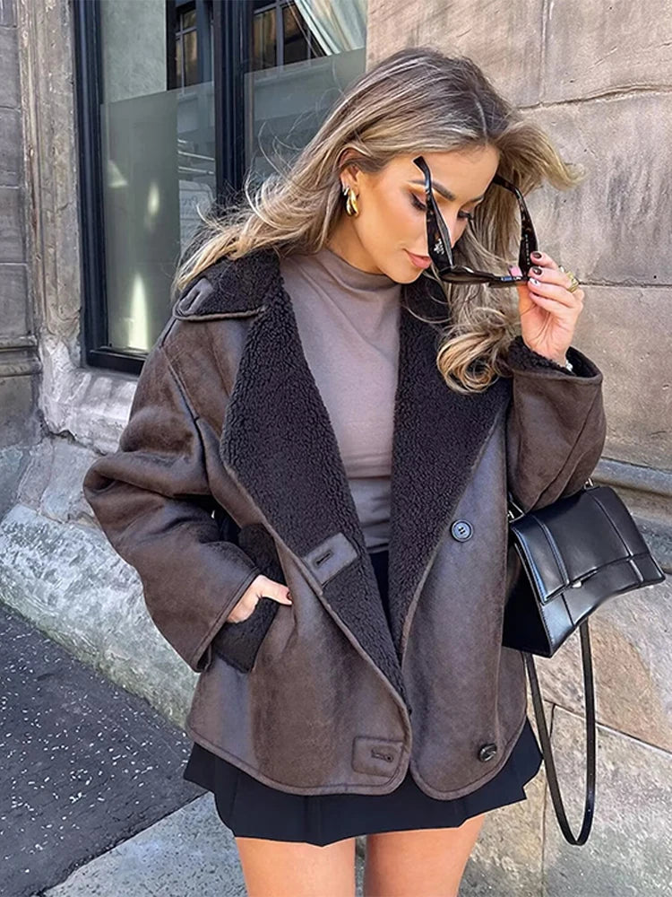 Double Sided Fur One Jacket Cotton Clothes Lamb Wool Coat Leather Jackets Women's Warm Loose Thick Lapel Fashion Casual Overcoat