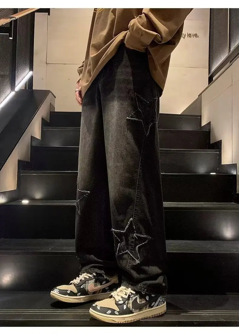 Star Embroidery Straight Casual Men Jeans Gothic Neutral New Wide Leg Loose Hip-hop Streetwear Denim Trousers Y2K pants man