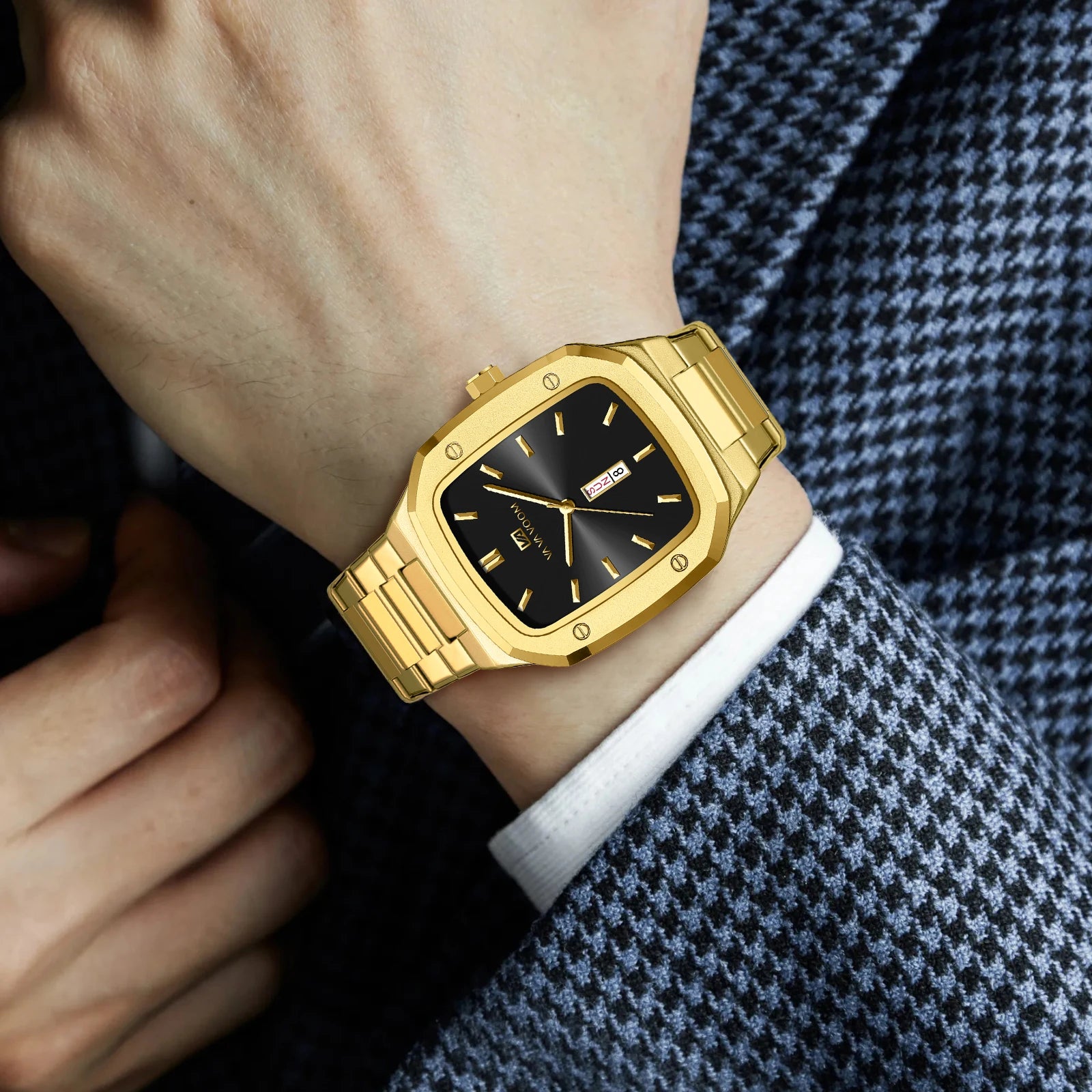 2025 New Men Watch Fashion Square Stainless Steel Blue Gold 3Bar Waterproof Quartz Calendar Simulated Business Sports WristWatch