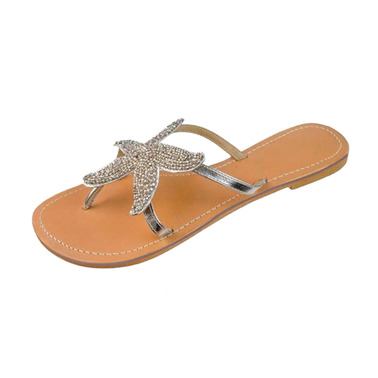 Fashion Casual Women'S Beach Slippers Indoor Outdoor Leisure Breathable Starfish Shaped Rhinestone Embellished Thong Sandal