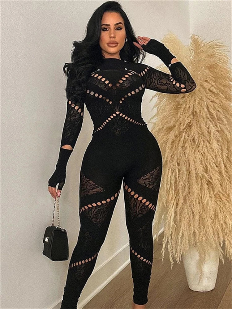 kliou Autumn Women Ankle-Length Sexy Jumpsuit M23Q37017 Girl Burn-out Hole Slim One Piece Overall Miss Solid Party Club Attire