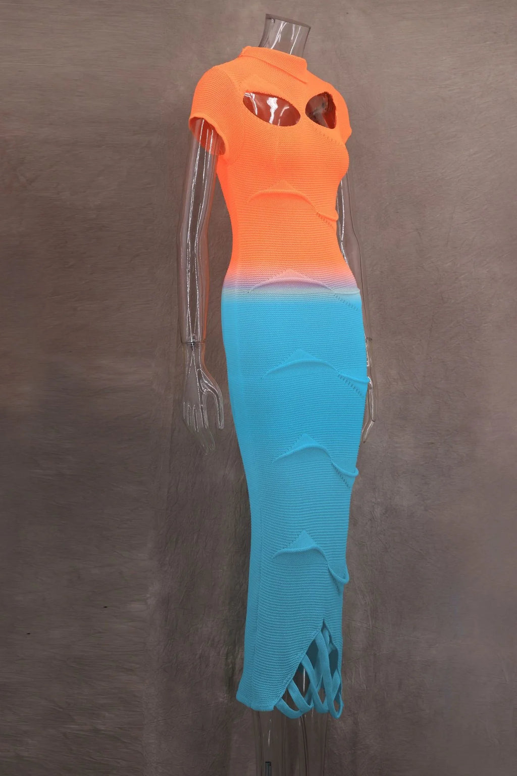 Sexy Knitted Gradient Orange Blue Hollow Out Maxi Dress Women Fashion Short Sleeve Skinny Stretch Tassel Y2K Birthday Long Dress
