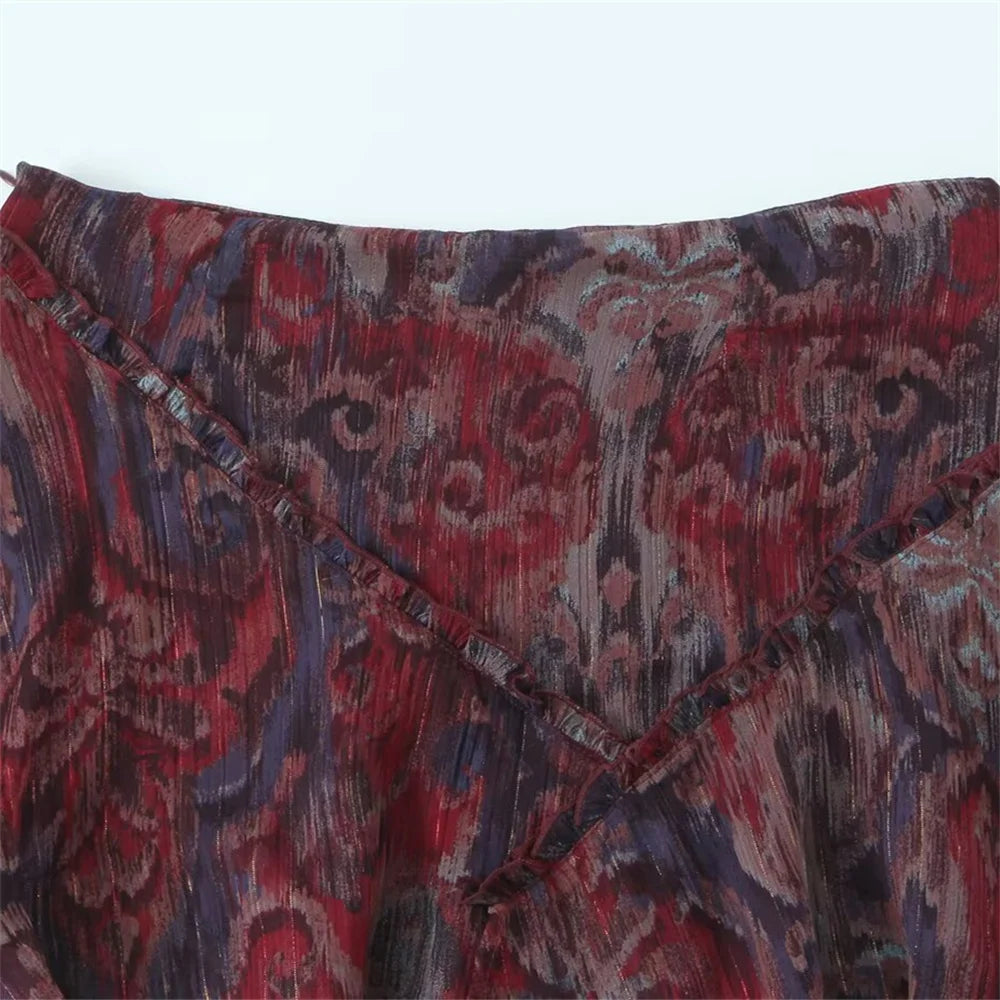 2025 Spring/Summer New Fashionable Women's Clothing Retro Metal Line Printed Mini Skirt with Temperament Overlapping Half Body S