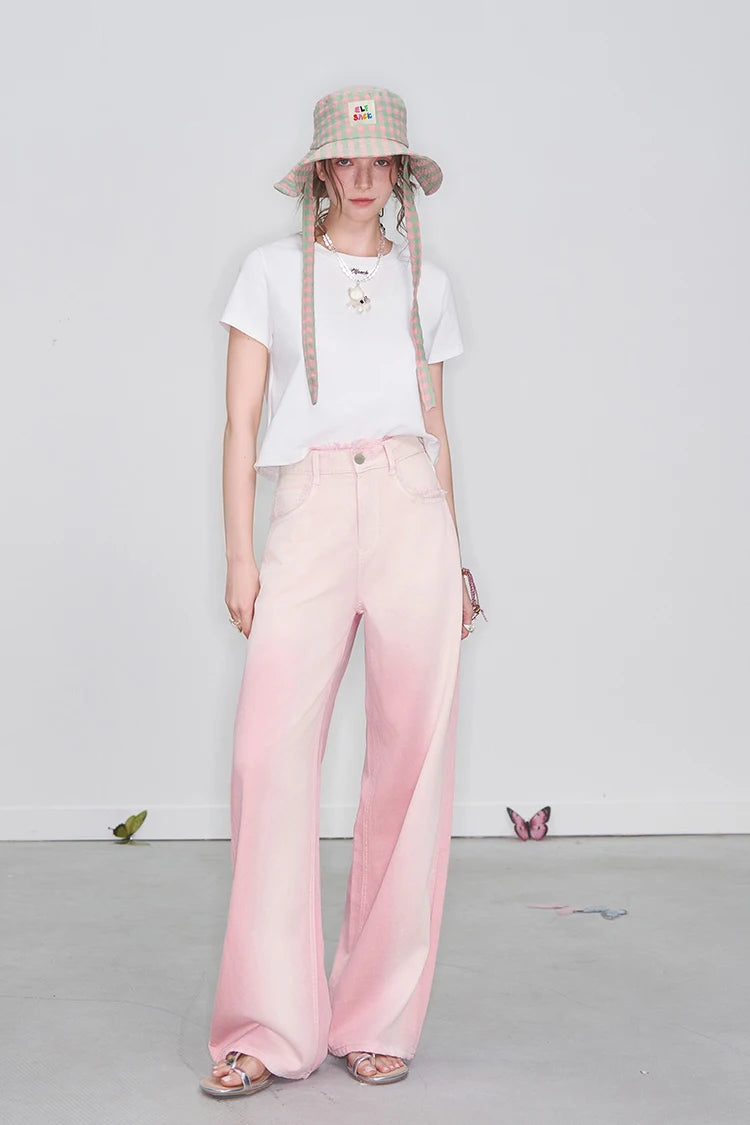 ELFSACK 2025 Spring New Arrivals Y2K Raw Edge High Waist Pink Gradient Jeans Women Sweet Wide Leg Pants