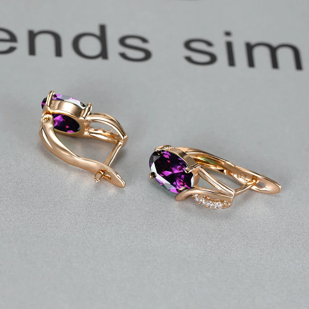 Crystal Purple Oval Stone Jewelry Rose Gold Color Wedding Hoop Earrings For Women