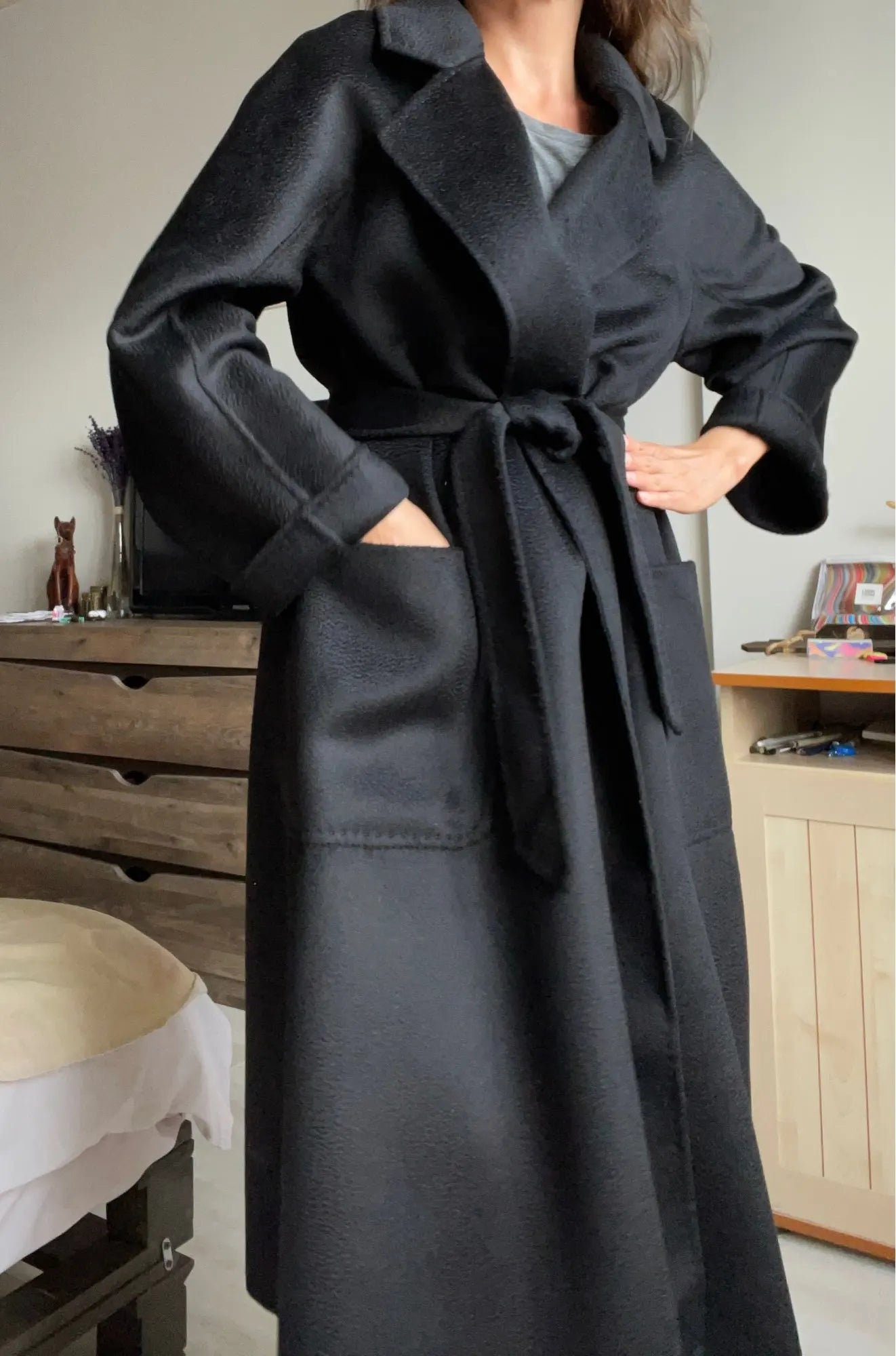 Korean Women Handmade Hepburn Corrugated Water Ripples Coat Double-sided Cashmere Wool Long Woolen Jacket Cashmere Coat Max
