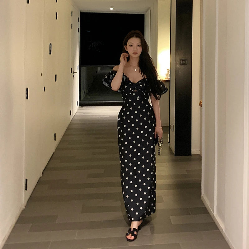 French Retro Off-Shoulder Polka Dot Printed Dresses Women Summer Sheath Holiday Elegant Female Long Dress