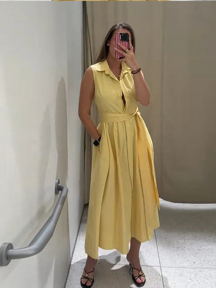 Fashion Sleeveless Long Yellow Shirt Dress Women Pleat Lapel Button Party Lace Up Dresses 2025 Summer Lady Commute Vestidos