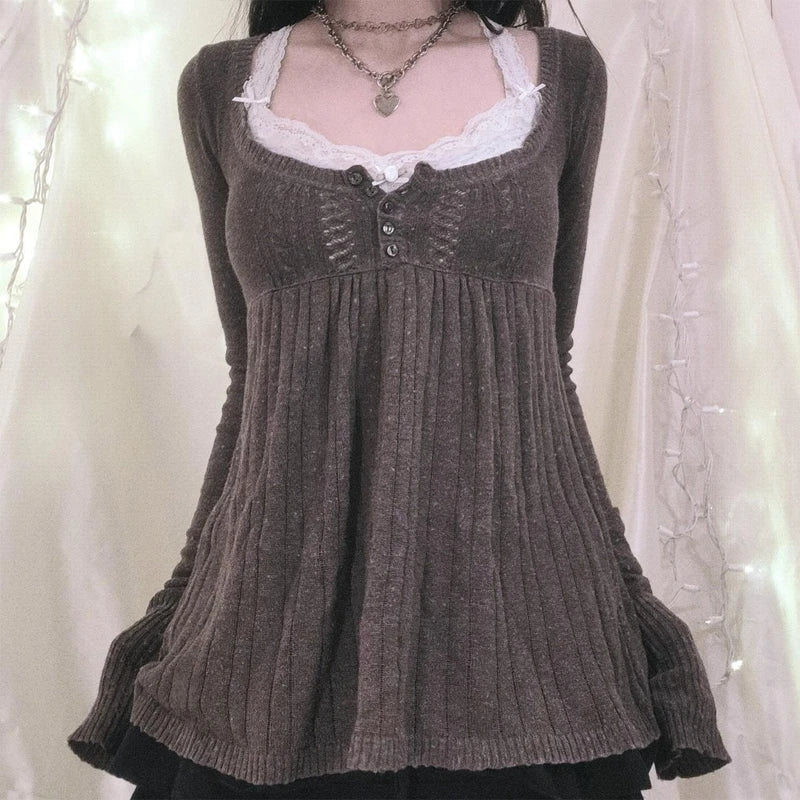 Aesthetic Coquette Knit Sweaters Outfit Vintage Babydoll Tops Pullovers Lady Autumn Square Neck Long Sleeve Knitwear Jumpers Y2k