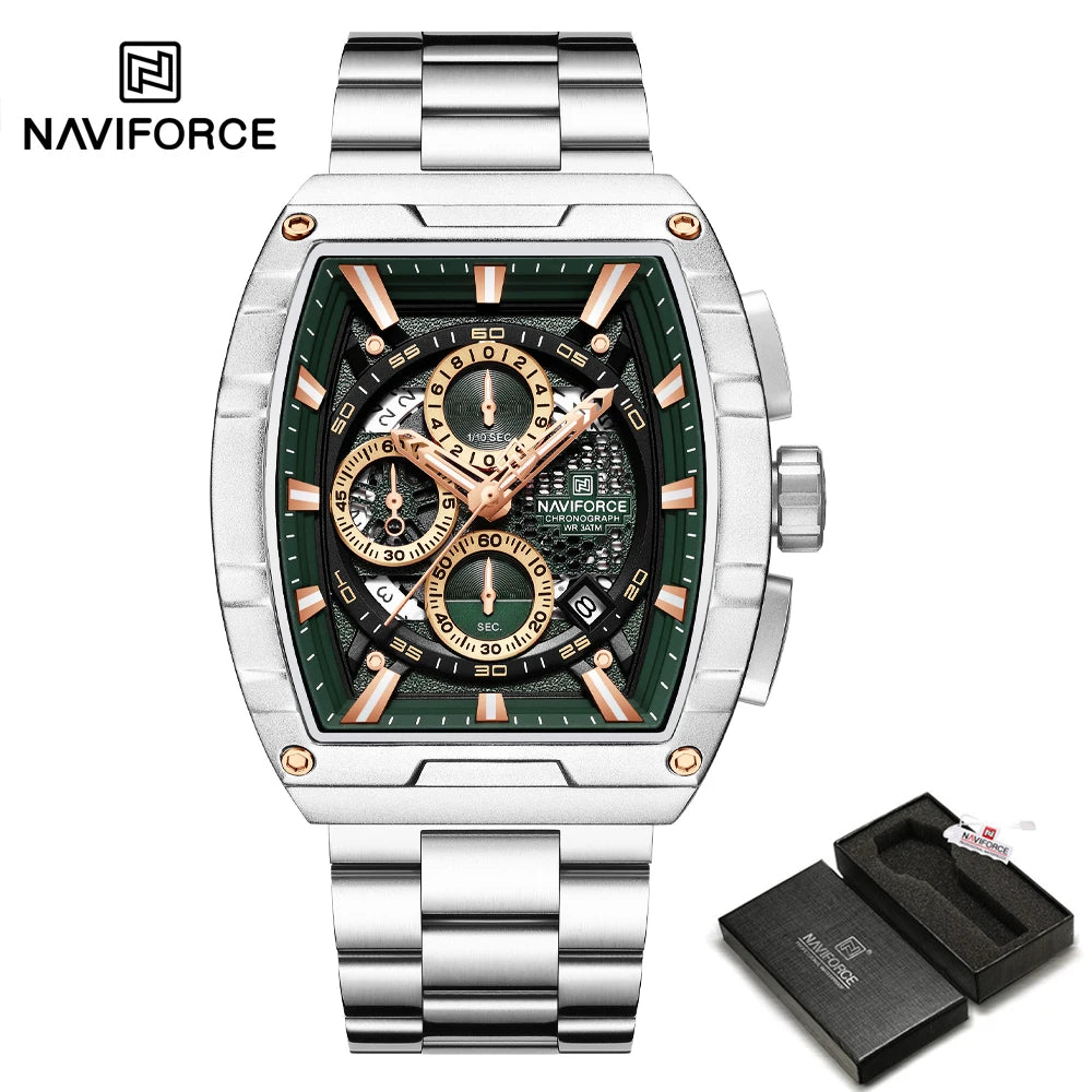 NAVIFORCE Luxury Chronograph Quartz Watch for Men Fashion Tonneau Stainless Steel Man Watches Waterproof Luminous WristWatch