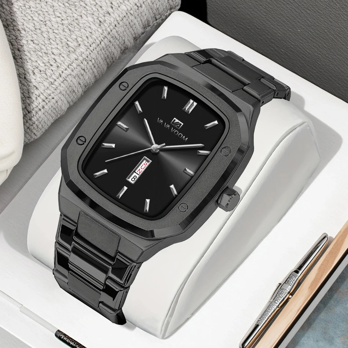 2025 New Men Watch Fashion Square Stainless Steel Blue Gold 3Bar Waterproof Quartz Calendar Simulated Business Sports WristWatch