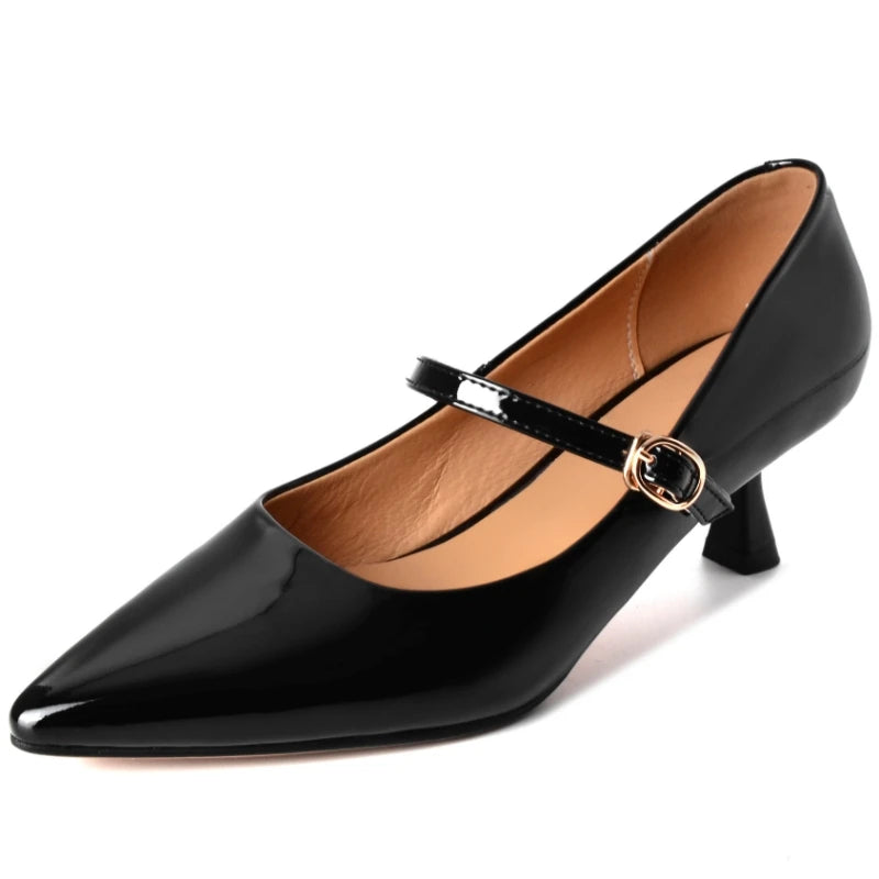 Short Heels Mary Janes Shoes Women Pumps Genuine Leather Point Toe Black Nude Red Heeled Office Wedding Shoes Female Large Size