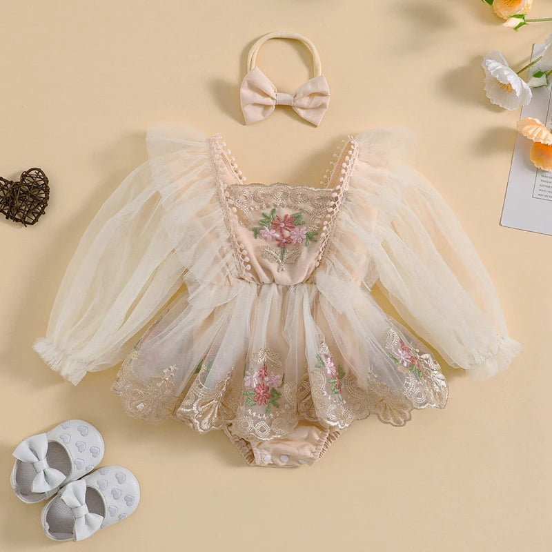 ma&baby 0-24M Baby Girl Romper Newborn Infant Tulle Jumpsuit Princess Long Sleeve Floral Embroidery Clotehs Headband Outfits