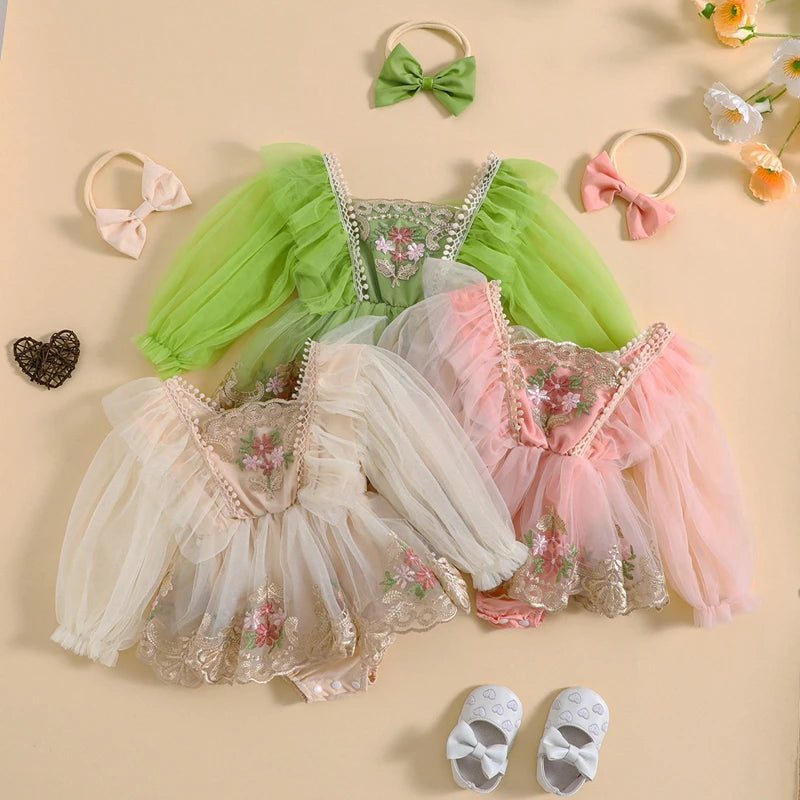 ma&baby 0-24M Baby Girl Romper Newborn Infant Tulle Jumpsuit Princess Long Sleeve Floral Embroidery Clotehs Headband Outfits