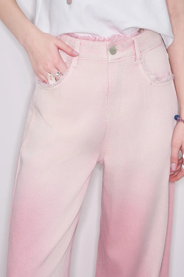 ELFSACK 2025 Spring New Arrivals Y2K Raw Edge High Waist Pink Gradient Jeans Women Sweet Wide Leg Pants