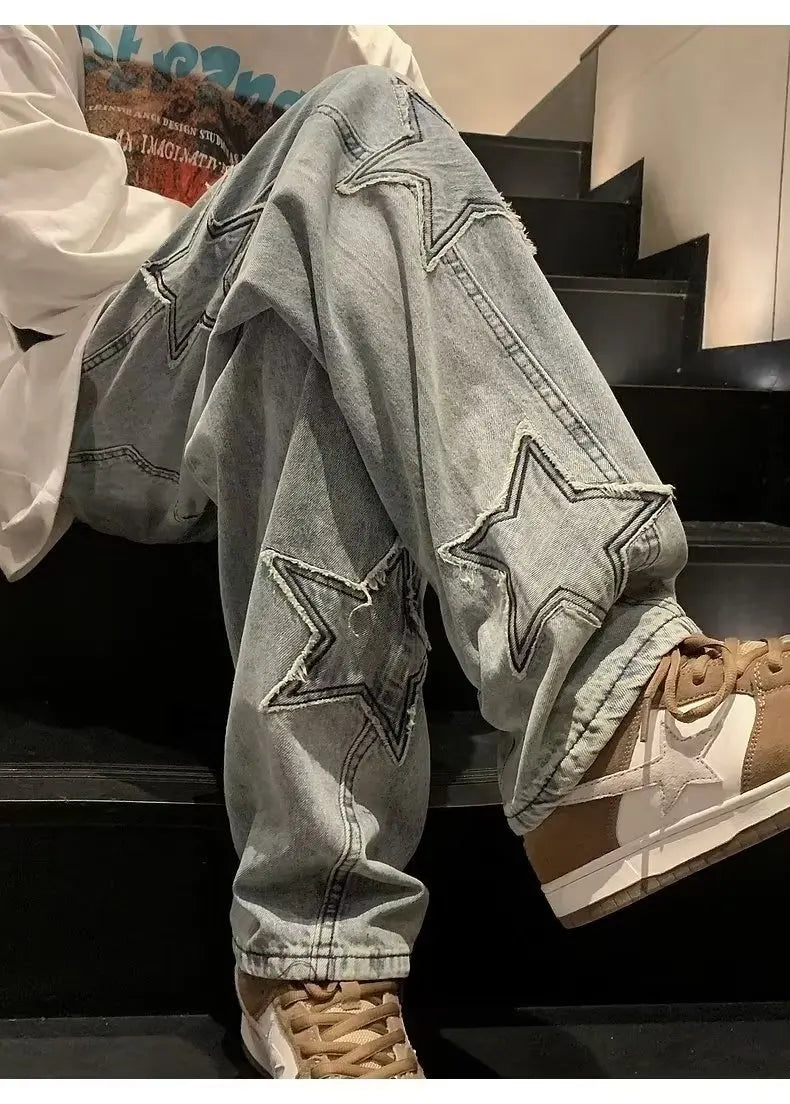 Star Embroidery Straight Casual Men Jeans Gothic Neutral New Wide Leg Loose Hip-hop Streetwear Denim Trousers Y2K pants man