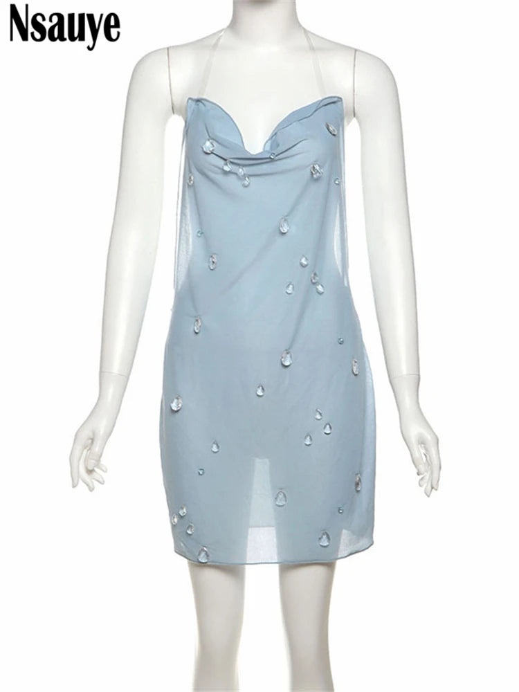 Nsauye Backless Sexy Mesh Short Mini Fashion See Through Dress Summer Women Night Club Sexy V Neck Party Evening Wrap Dress 2025