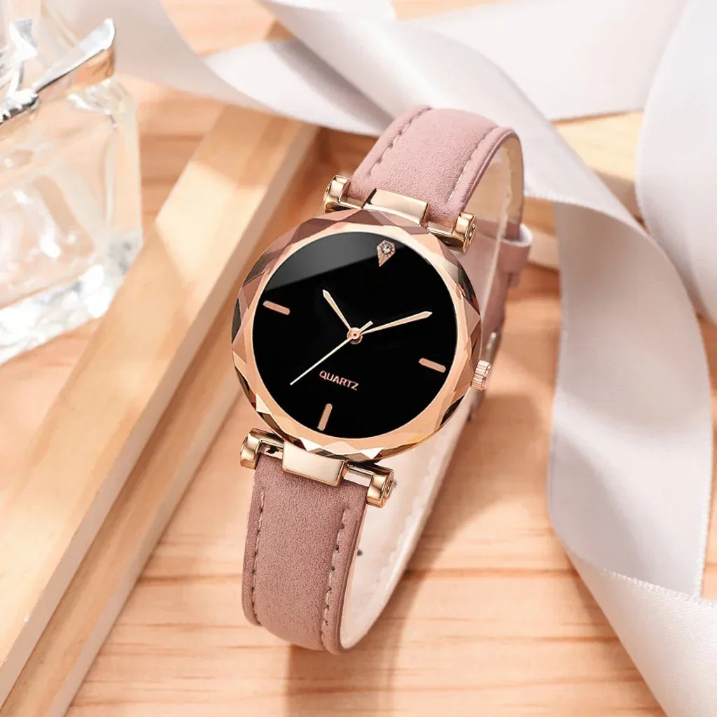 2pcs Luxury Fashion Women Watch Set PU Leather Strap Ladies Quartz Wristwatch Rhinestone RoseGold Alloy Bracelet For Ladies Gift