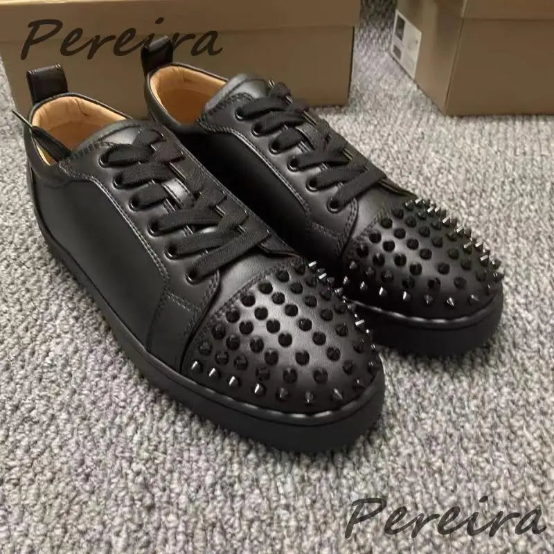 Rivets Genuine Leather Men's Sneakers Classic Black White Round Toe Lace-Up Flats Sports Shoes Outdoor Walking Male Casual Shoes