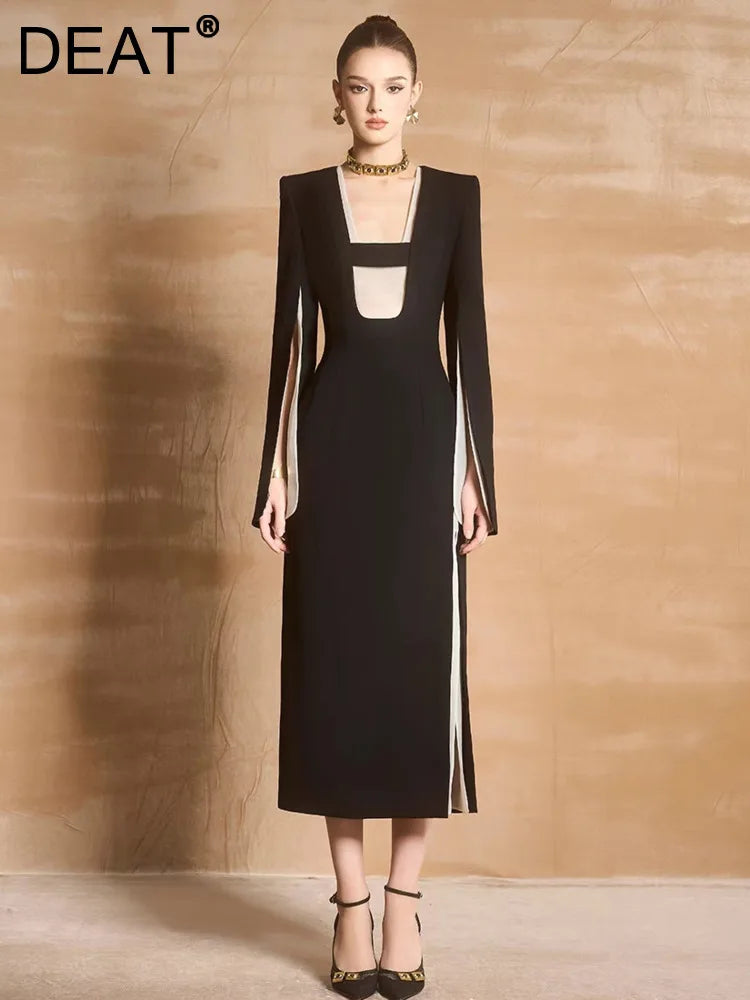 DEAT Design Spli Sleeve Square Collar Women's Dress New Broad Shoulder Elegant Party High Waist Dresses 2024 Summer 13DL164