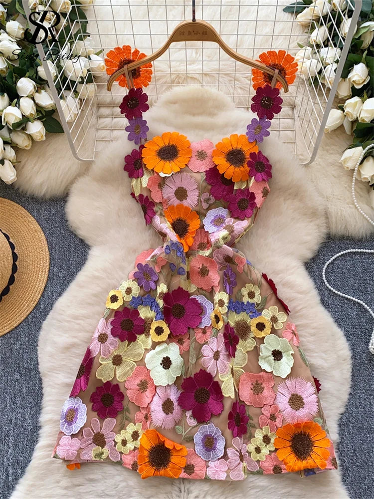 SINGREINY Chic Embroidery Strap Dress Women Sleeveless Zipper 3D Floral Design Summer High Street A Line Short Evening Dress