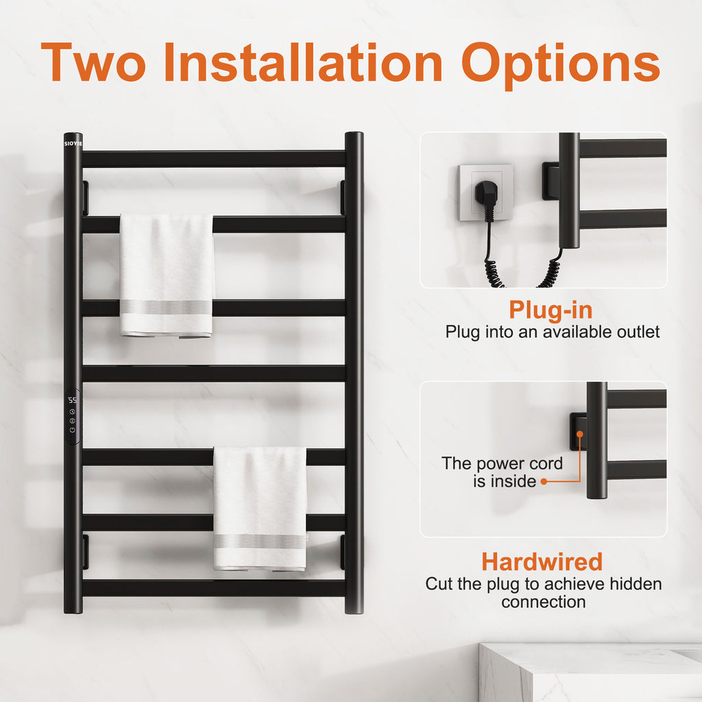 SIOYIE Towel Warmer Bathroom Wall Mounted 6 Bars Electric Towel Drying, 150 W 500 800 MM Heated Towel Rack With Intelligent Touch Screen Timer And Temperature Control Black Left