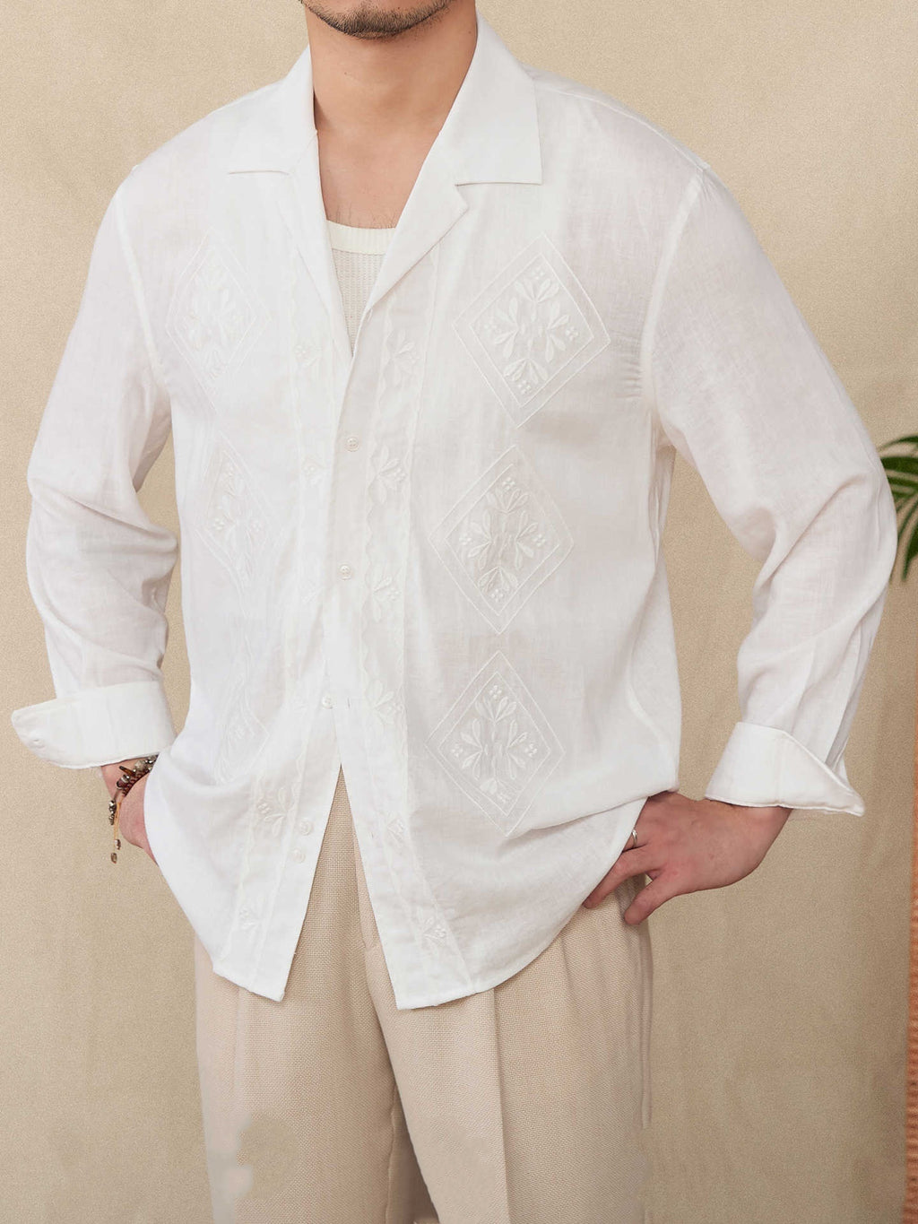 Cotton And Linen Thin Embroidery Cuban Collar Long Sleeve Sunscreen Shirt - Your Shopify