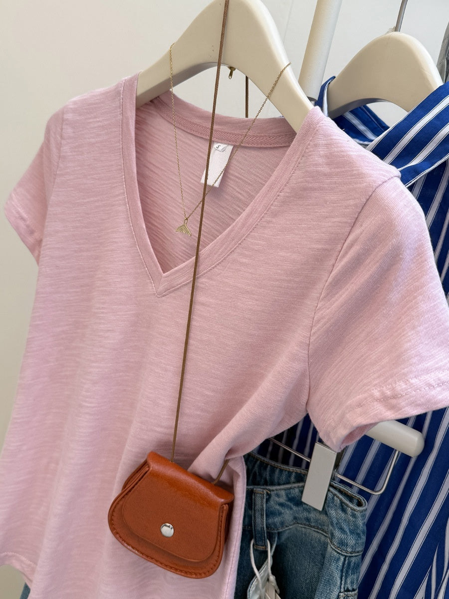 American-style Solid Color Slim-fit V-neck Short-sleeved Top