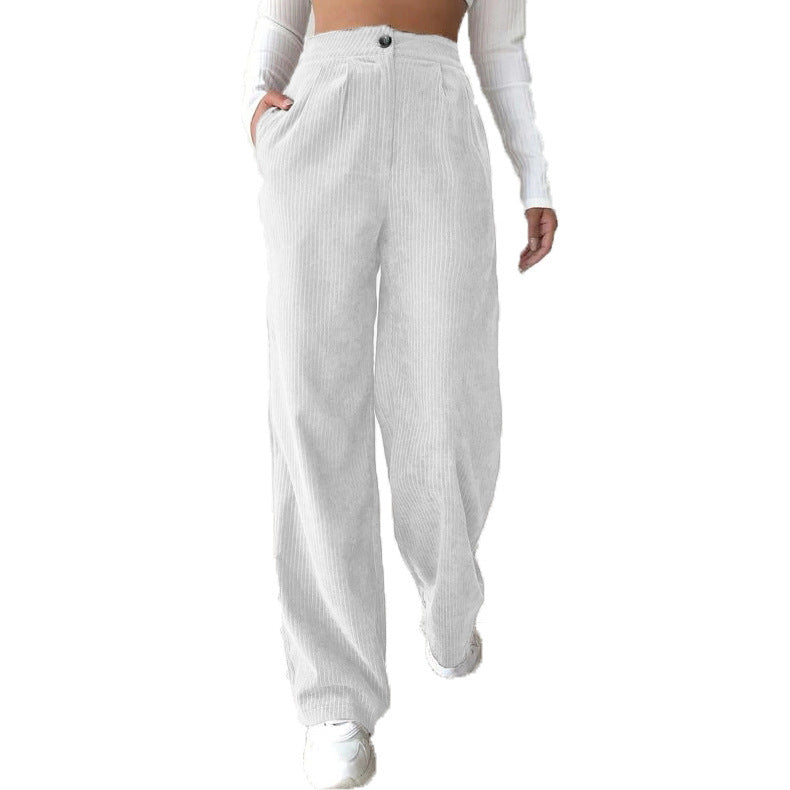 Women's High Waist Casual Pants Solid Color Corduroy Baggy Straight Trousers - Your Shopify