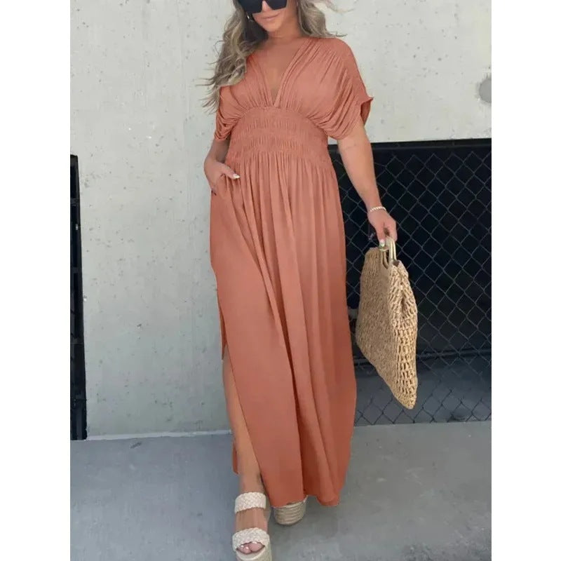 Fashion Bat-sleeved V-neck Slit Dress Summer Short Sleeve Elastic Waist Long Dresses Womens Clothing - Your Shopify