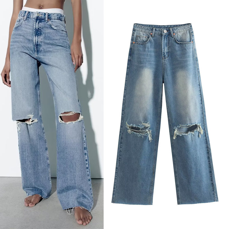 Spring And Summer Women's Perforated Hole Decoration High Waist Wide Leg Jeans - Your Shopify